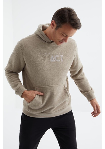 Tommy Life Koyu Bej Yazı Nakışlı Kanguru Cepli Kapüşonlu Rahat Form Erkek Polar Sweatshirt - 88164