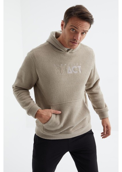 Tommy Life Koyu Bej Yazı Nakışlı Kanguru Cepli Kapüşonlu Rahat Form Erkek Polar Sweatshirt - 88164 modelleri