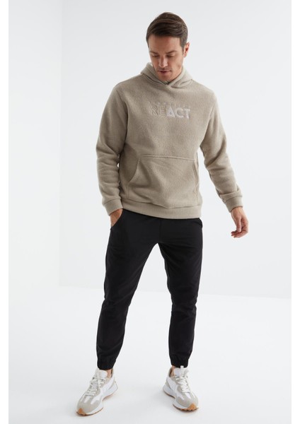 Tommy Life Koyu Bej Yazı Nakışlı Kanguru Cepli Kapüşonlu Rahat Form Erkek Polar Sweatshirt - 88164 fırsatları