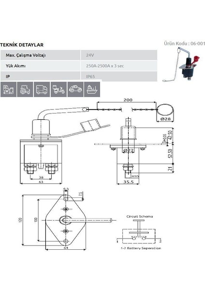 Aksa Tır Devre Kesici Akü Şalter 12-24V Isıya Dayanıklı