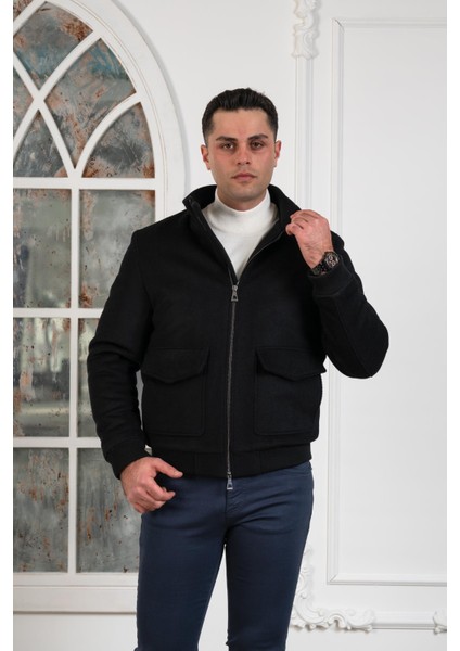 Regular Fit Yünlü Dik Yaka Astarlı Içi Elyaflı Kaşe Mont