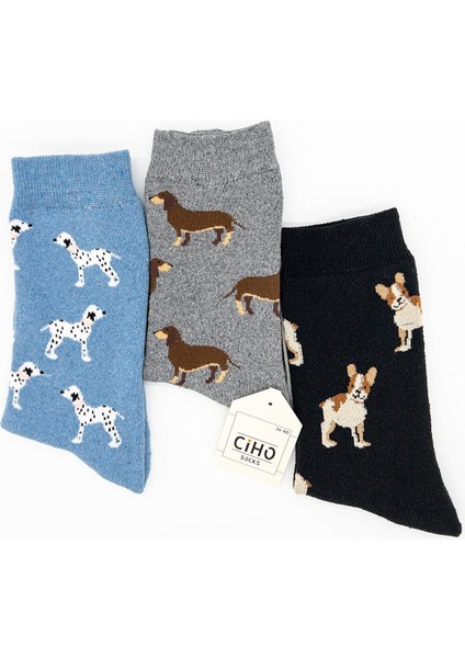 Ciho Socks Daily 3 Çift Kadın Tam Havlu Yumuşak Eğlenceli Köpek Desenler Kışlık Soket Çorap