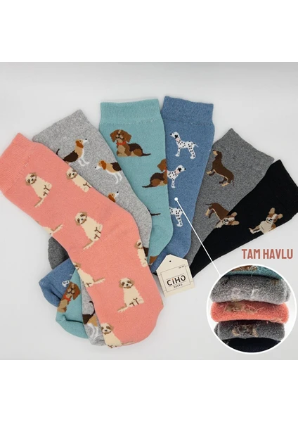 Ciho Socks Daily 6 Çift Kadın Tam Havlu Yumuşak Eğlenceli Köpek Desenler Kışlık Soket Çorap