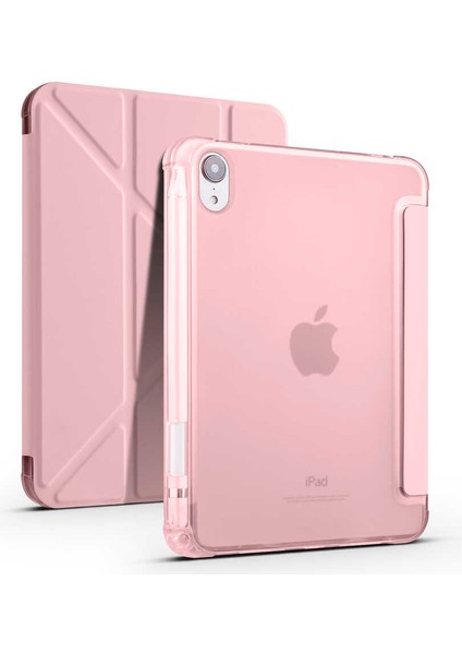 Apple iPad Air 4 / 5 10.9 2022 Kılıf Kalem Bölmeli Tri Folding Smart Standlı Pu Deri Arkası Yumuşak Silikon 360 Tam Koruma Rose Gold