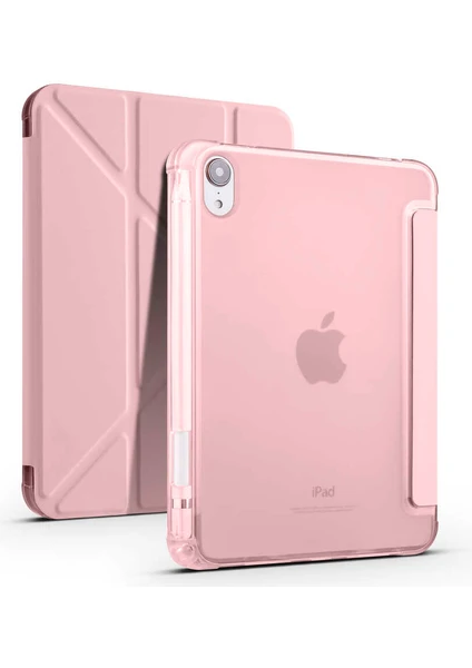 Case 4U Apple iPad Air 4 / 5 10.9 2022 Kılıf Kalem Bölmeli Tri Folding Smart Standlı Pu Deri Arkası Yumuşak Silikon 360 Tam Koruma Rose Gold