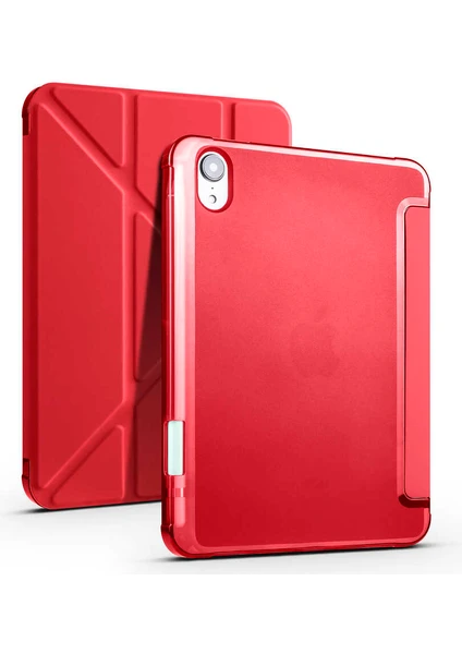 Case 4U Apple iPad Mini 2021 (6.Nesil) Darbe Emici Tri Folding Kalem Bölmeli Standlı Kapaklı Kılıf Kırmızı