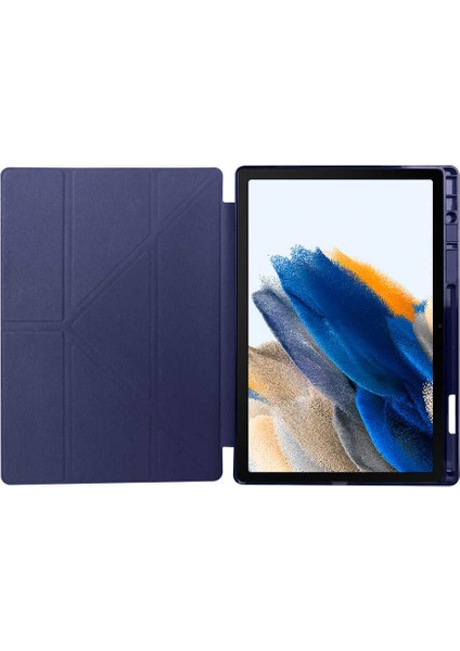 Samsung Galaxy Tab A8 10.5 SM-X200 (2021) Uyumlu Kılıf Kalem Bölmeli Tri Folding Smart Standlı Pu Deri Arkası Yumuşak Silikon 360 Tam Koruma Kırmızı