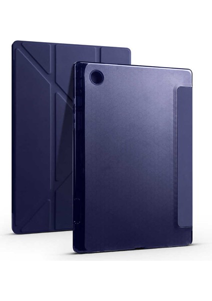 Samsung Galaxy Tab A8 10.5 SM-X200 (2021) Uyumlu Kılıf Kalem Bölmeli Tri Folding Smart Standlı Pu Deri Arkası Yumuşak Silikon 360 Tam Koruma Lacivert