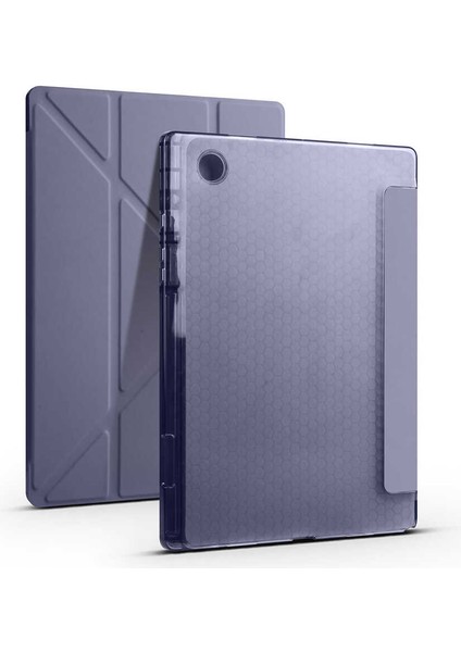 Case 4U Samsung Galaxy Tab A8 10.5 SM-X200 (2021) Uyumlu Kılıf Kalem Bölmeli Tri Folding Smart Standlı Pu Deri Arkası Yumuşak Silikon 360 Tam Koruma Mor