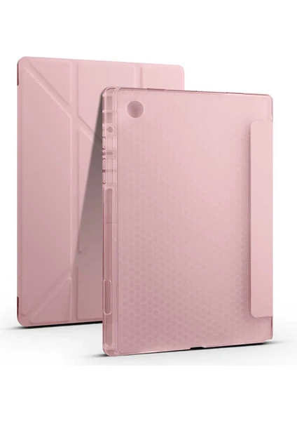 Case 4U Samsung Galaxy Tab A8 10.5 SM-X200 (2021) Uyumlu Kılıf Kalem Bölmeli Tri Folding Smart Standlı Pu Deri Arkası Yumuşak Silikon 360 Tam Koruma Rose Gold