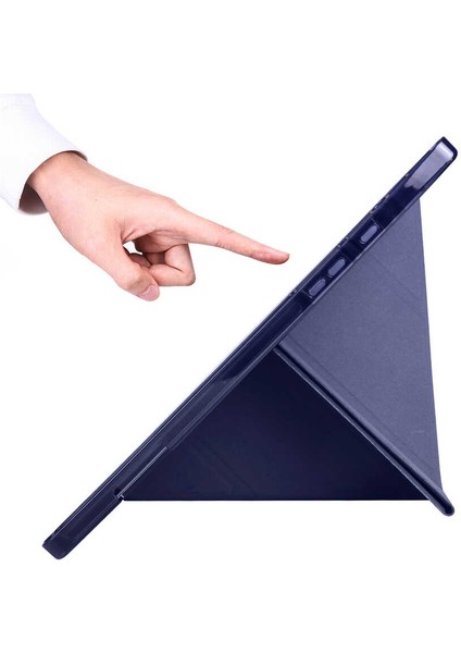 Samsung Galaxy Tab A8 10.5 SM-X200 (2021) Uyumlu Kılıf Kalem Bölmeli Tri Folding Smart Standlı Pu Deri Arkası Yumuşak Silikon 360 Tam Koruma Rose Gold