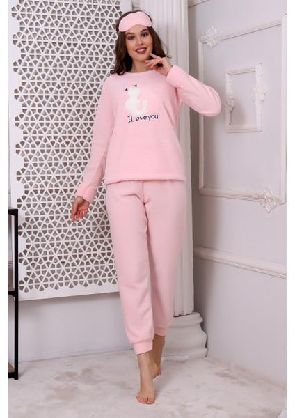 Fwn 3011 Peluş Welsoft Polar Kışlık Kadın Ev Kedi İşlemeli Pijama Takımı