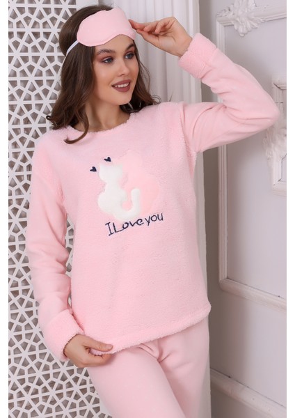 Fwn 3011 Peluş Welsoft Polar Kışlık Kadın Ev Kedi İşlemeli Pijama Takımı