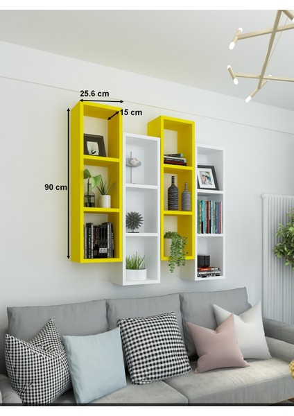 Dekormer Design Kitaplık Modern Duvar Rafı Sarı Beyaz 4'lü Takım