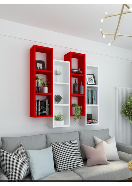 Kitaplık Modern Duvar Rafı Kırmızı Beyaz 4'lü Takım