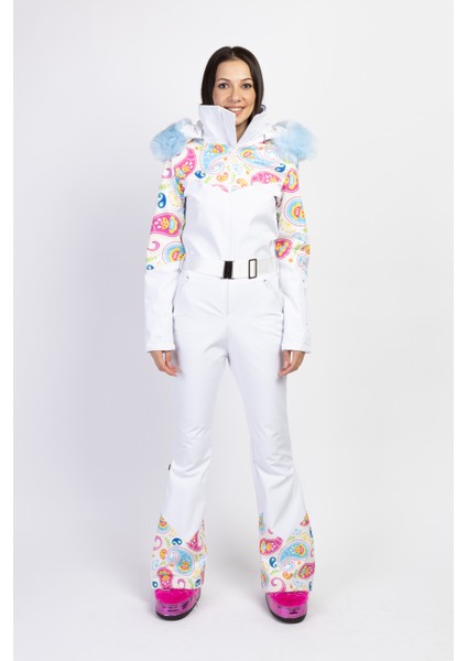 Sd Beyaz Şal Desenli Kapüşonlu Kayak Tulumu Beyaz