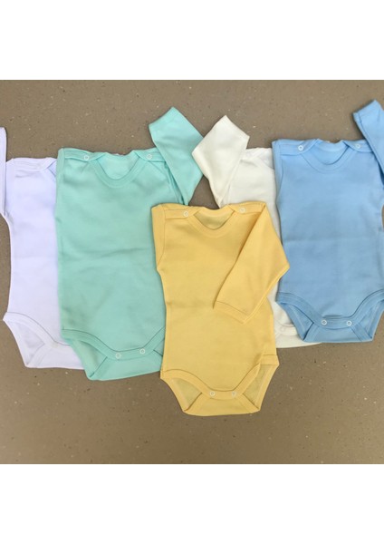 Uzun Kollu Çıtçıtlı Bebek Badisi Düz Renk Zıbın (5'li Paket) 0-48 Ay Arası