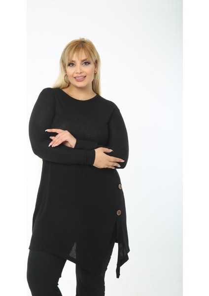 Kadın Büyük Beden Siyah Düğme Detay Çilek Kumaş Tunik modelleri