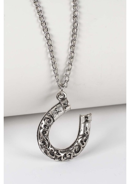 Otantik Desenli Nal Figür Kolye Antik Gümüş Kaplama Klasik Zincir