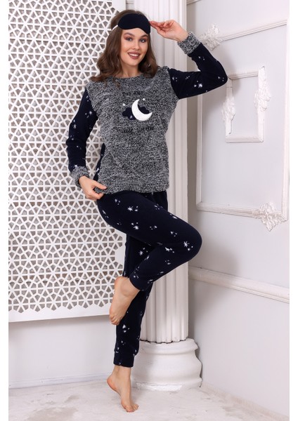 Fawn 3014 Peluş Welsoft Polar Kışlık Ay Desenli Kadın Pijama Takımı