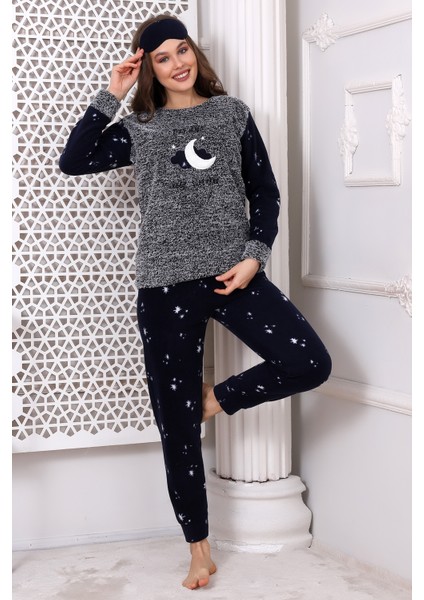Fawn 3014 Peluş Welsoft Polar Kışlık Ay Desenli Kadın Pijama Takımı