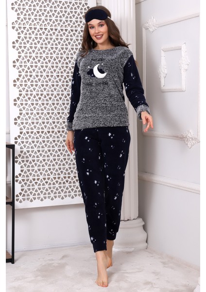 Fawn 3014 Peluş Welsoft Polar Kışlık Ay Desenli Kadın Pijama Takımı