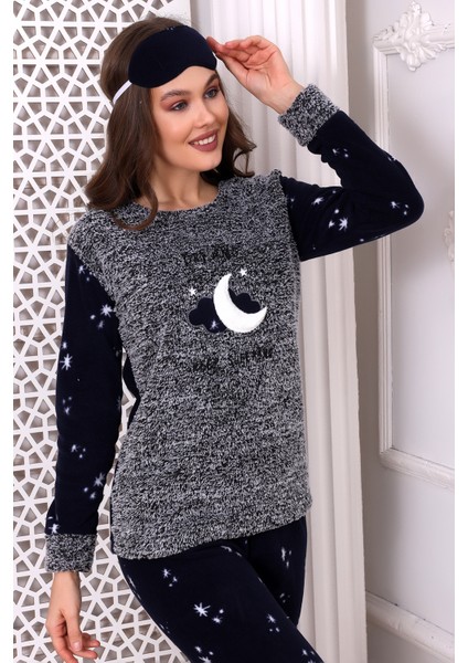 Fawn 3014 Peluş Welsoft Polar Kışlık Ay Desenli Kadın Pijama Takımı