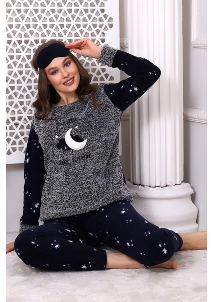 Fawn 3014 Peluş Welsoft Polar Kışlık Ay Desenli Kadın Pijama Takımı
