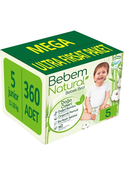 Bebem Bebek Bezi Natural Beden:5 (11-18KG) Junior 360 Adet Mega Ultra Fırsat Pk