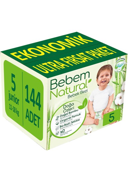 Bebem Bebek Bezi Natural Beden:5 (11-18KG) Junior 144 Adet Ekonomik Ultra Fırsat Pk