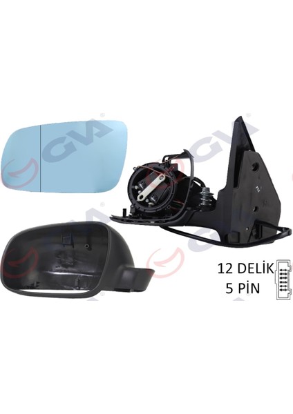 Diş Dikiz Aynasi Sol Golf-Bora 98 Elektrikli Isitmali Siyah Astarli Mavi Cam Büyük Tip 5 Fiş VM-188AL