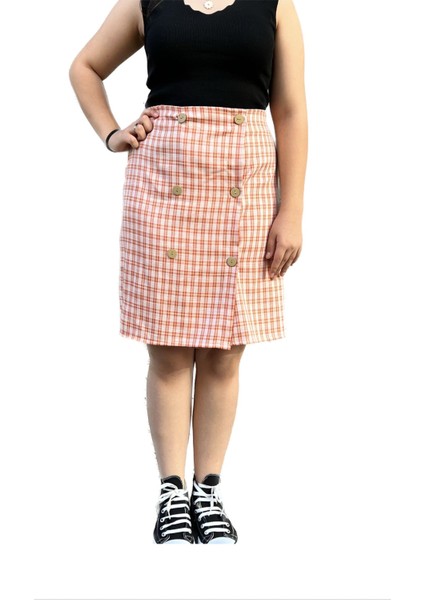 Pamuklu Ekose Özel Tasarım Krem Üzereine Turuncu Çizgili