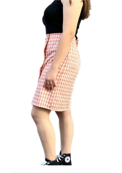 Pamuklu Ekose Özel Tasarım Krem Üzereine Turuncu Çizgili fiyatları