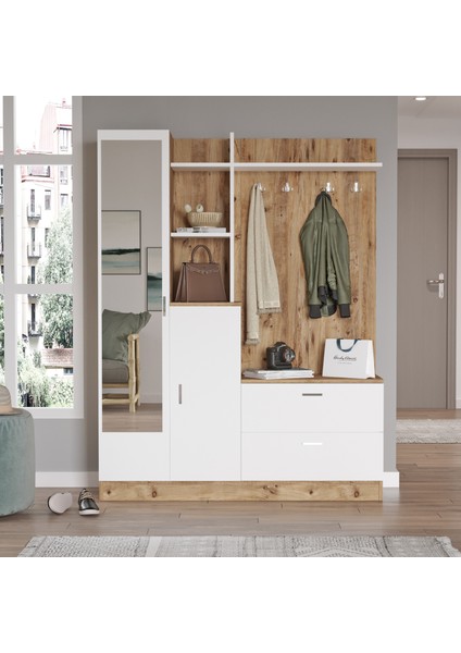 Wisdom Vestiyer Ayakkabılık Portmanto Aynalı Raf Çam-Beyaz