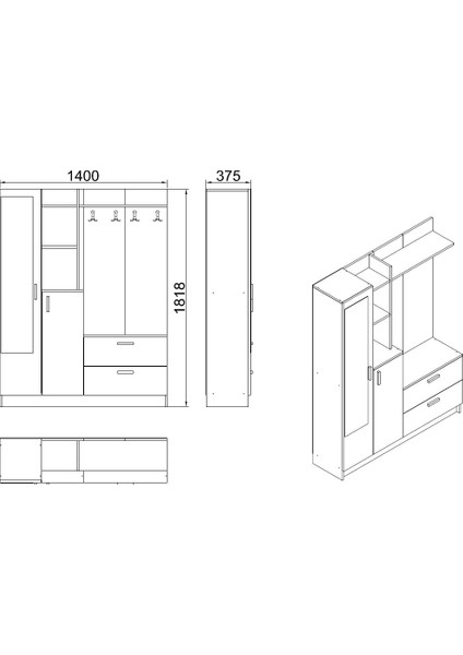 Wisdom Vestiyer Ayakkabılık Portmanto Aynalı Raf Çam-Beyaz indirimleri