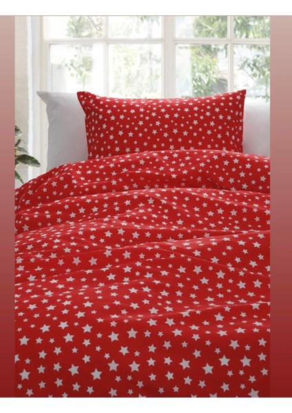 Çarşaflı Lastikli Nevresim Takımı Ranforce Pamuk Tek Kişilik Kırmızı Yıldız