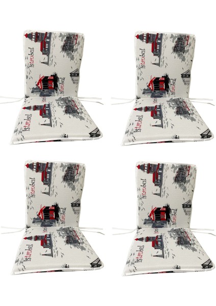 Sandalye Minderi 4 Adet Bağcıklı Bahçe Minderi Arkalıklı (Istanbul)Yıkanabilir