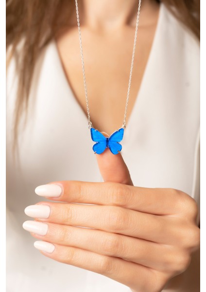 925 Ayar Gümüş Mavi Mineli Kelebek Tasarımlı Kolye