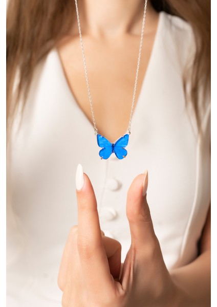 925 Ayar Gümüş Mavi Mineli Kelebek Tasarımlı Kolye fiyatları