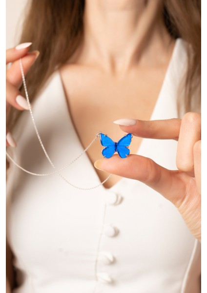 925 Ayar Gümüş Mavi Mineli Kelebek Tasarımlı Kolye modelleri