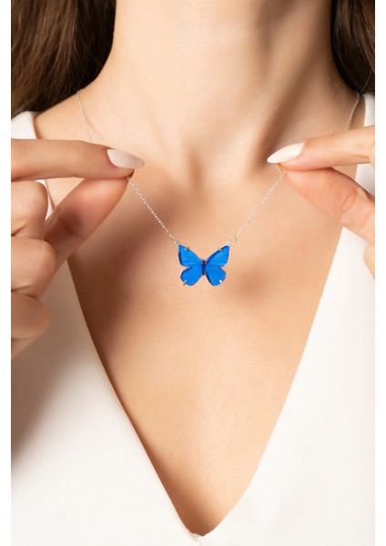 925 Ayar Gümüş Mavi Mineli Kelebek Tasarımlı Kolye fırsatları
