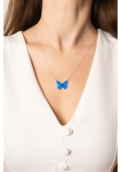 925 Ayar Gümüş Mavi Mineli Kelebek Tasarımlı Kolye indirimleri