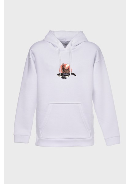 Balina Minimal Baskılı Kapüşonlu Üç İplik Sweatshirt Oversize Hoodie