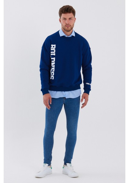 Erkek Oversize Baskılı Basıc S-Shırt-Lacivert