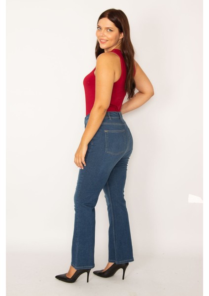 Kadın Lacivert Geniş Paça Likralı Kot Pantolon 65N34222 modelleri