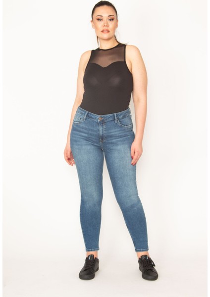 Kadın Mavi 5 Cep Likralı Skinny Jean Pantolon