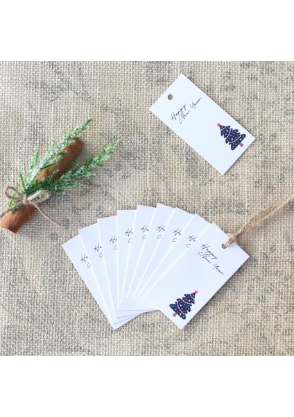 Yılbaşı çam figürlü dikdörtgen etiket, Lacivert-Beyaz 10 adet (3.5x7 cm)