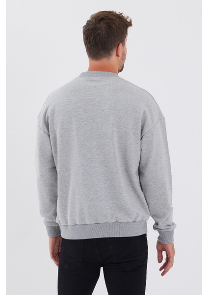 Erkek Oversize Baskılı Basıc S-Shırt-Gri Melanj