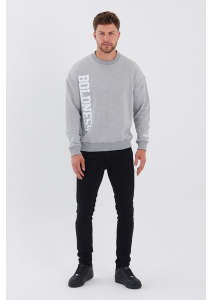 Erkek Oversize Baskılı Basıc S-Shırt-Gri Melanj