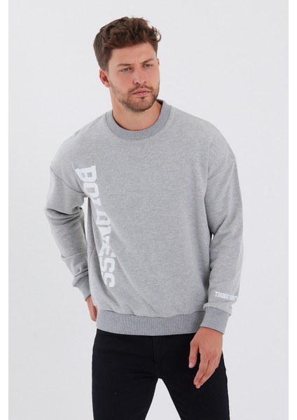 Erkek Oversize Baskılı Basıc S-Shırt-Gri Melanj fırsatları